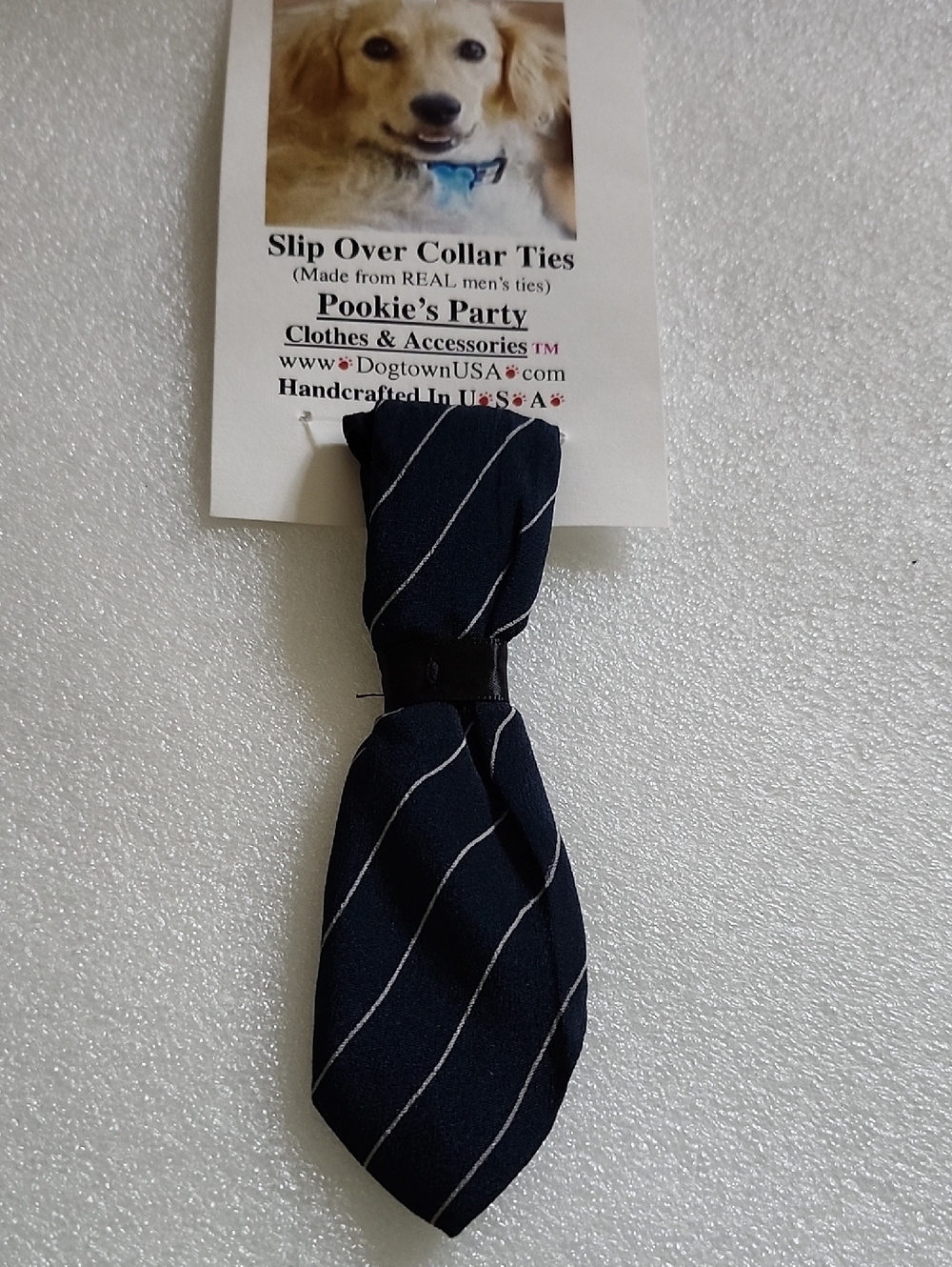 Hand Crafted Navy Blue and White Striped Slip-Over Dog Collar Tie